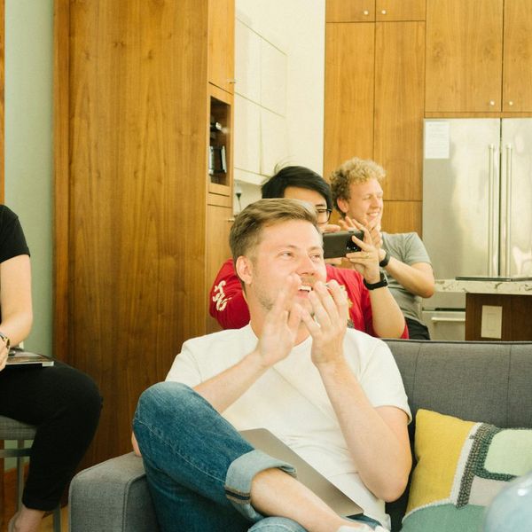 A diverse group of people feeling happy and relaxed together.